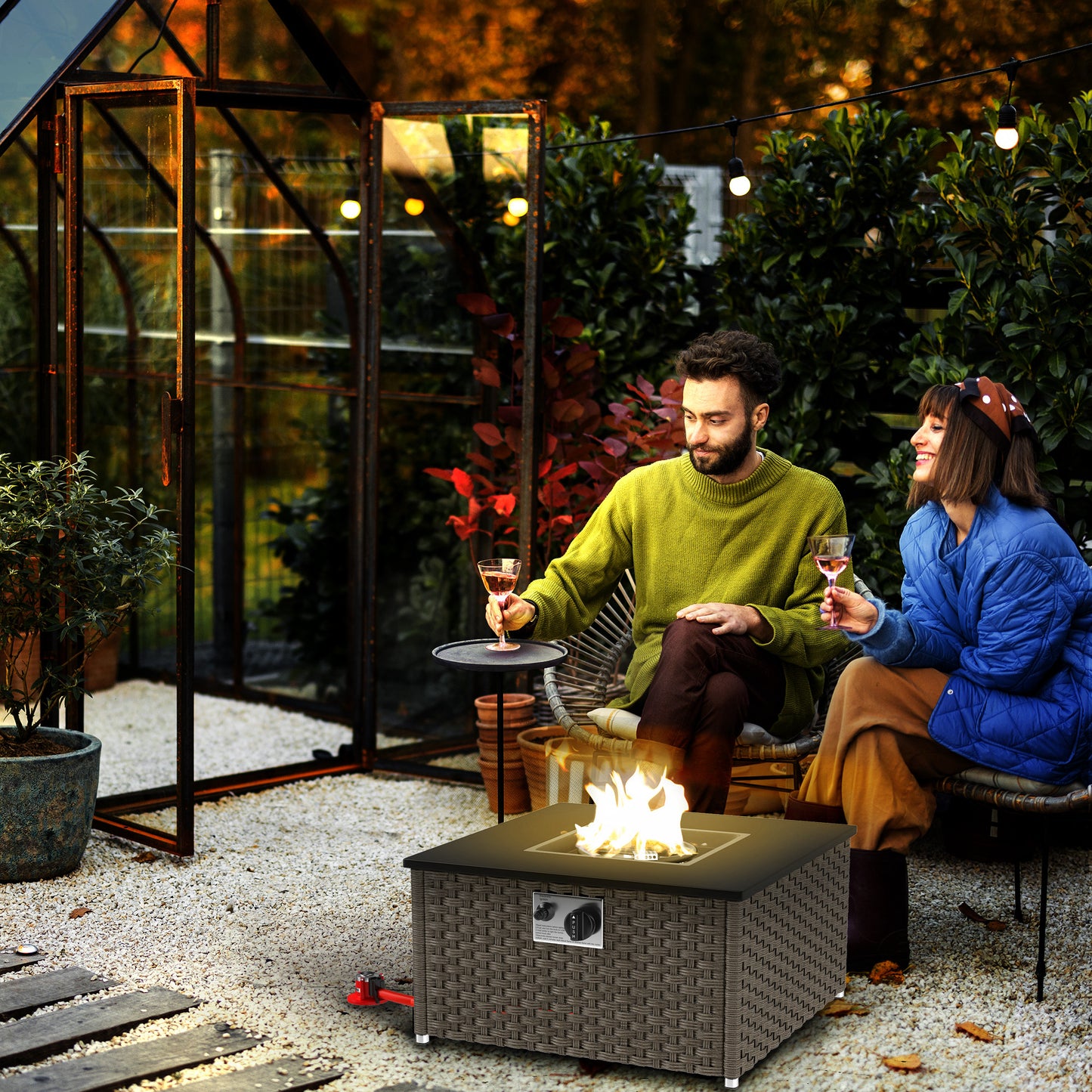 Rattan Gas Fire Pit Table for Garden, 13 KW Smokeless Propane Fire Pit with Lid