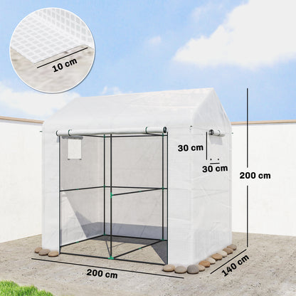 Walk-in Greenhouse, Outdoor Tomato Greenhouse with Roll-up Door and Mesh Windows, PE Cover, 200 x 140 x 200cm, White