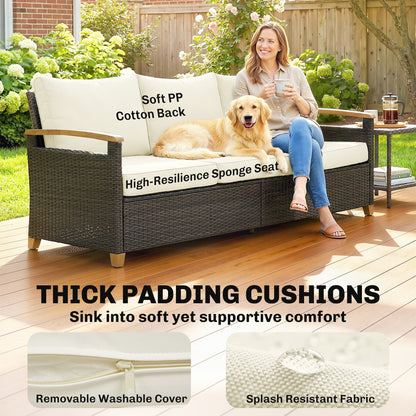 3 Seater Rattan Garden Sofa, PE Wicker Outdoor Sofa Wide Deep Seat, 4" Cushions, Wood-Effect Armrests Legs, Brown