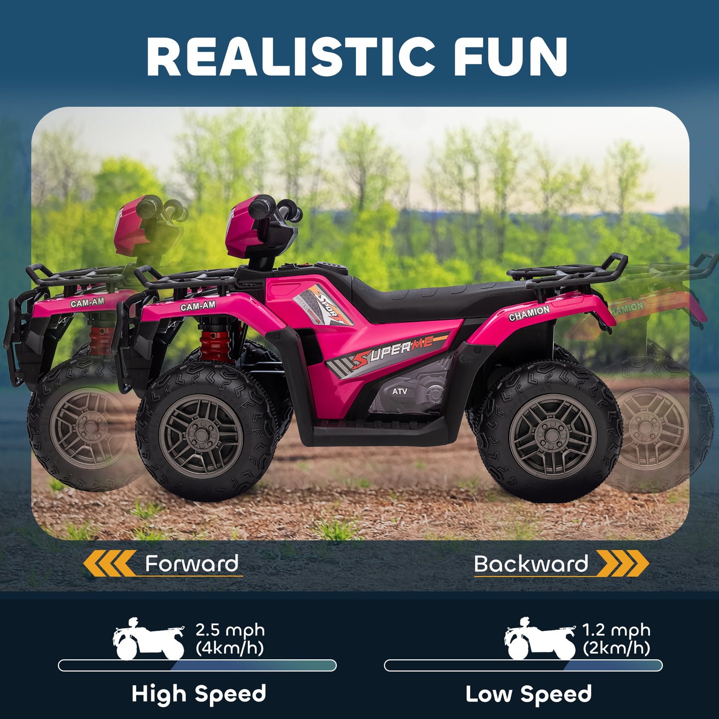 12V Kids Quad Bike with Forward, Reverse Functions, Ride-On ATV w/ Music, LED, Headlights, for Ages 3-5 Years - Pink
