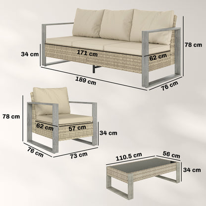Rattan Garden Set, 4 Piece Rattan Garden Furniture Set with 3-Seater Sofa, Armchairs, Table, Aluminium Frame Patio Furniture