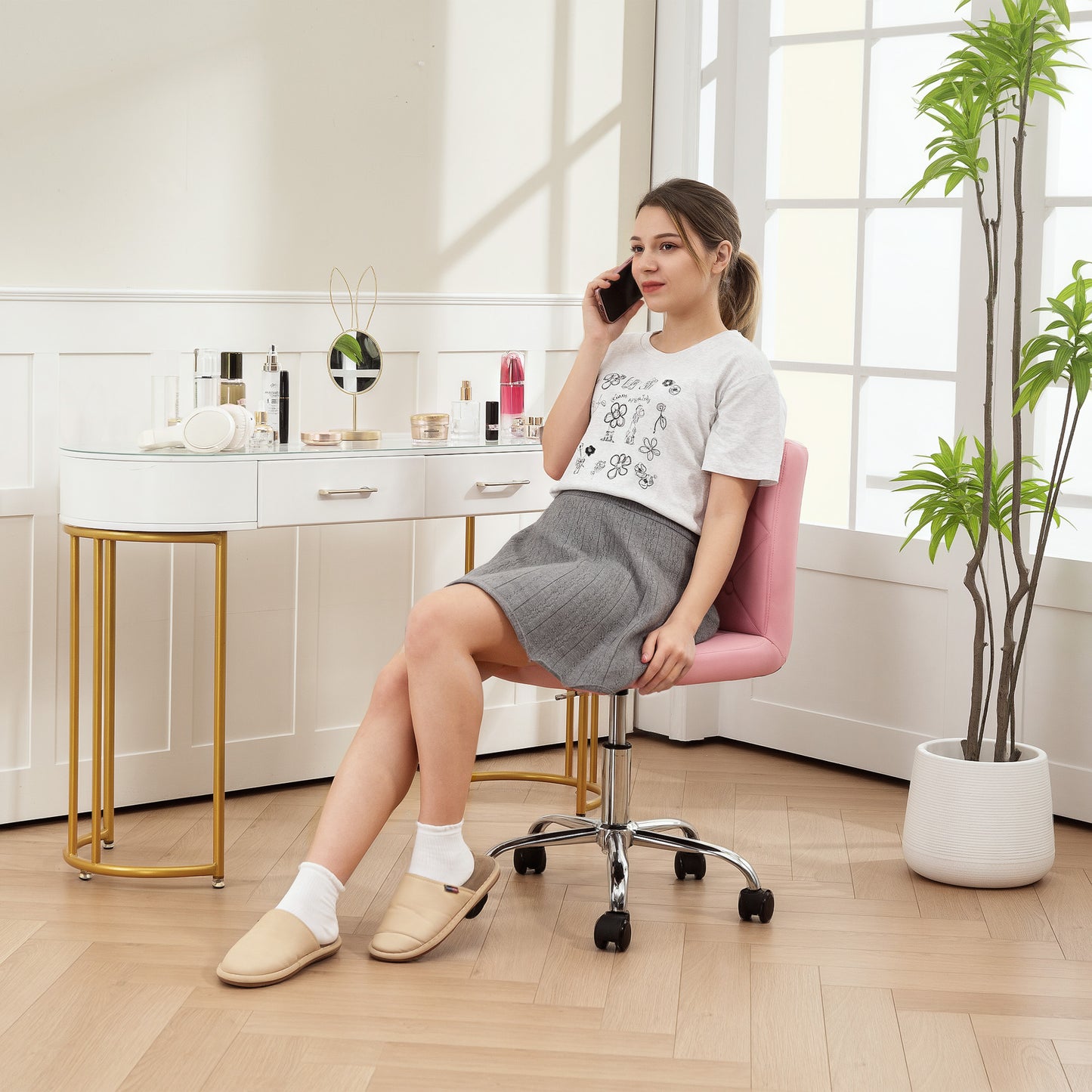 PU Leather Armless Office Chair, Modern Vanity Computer Swivel Chair with Rolling Wheels and Adjustable Height for Home Study