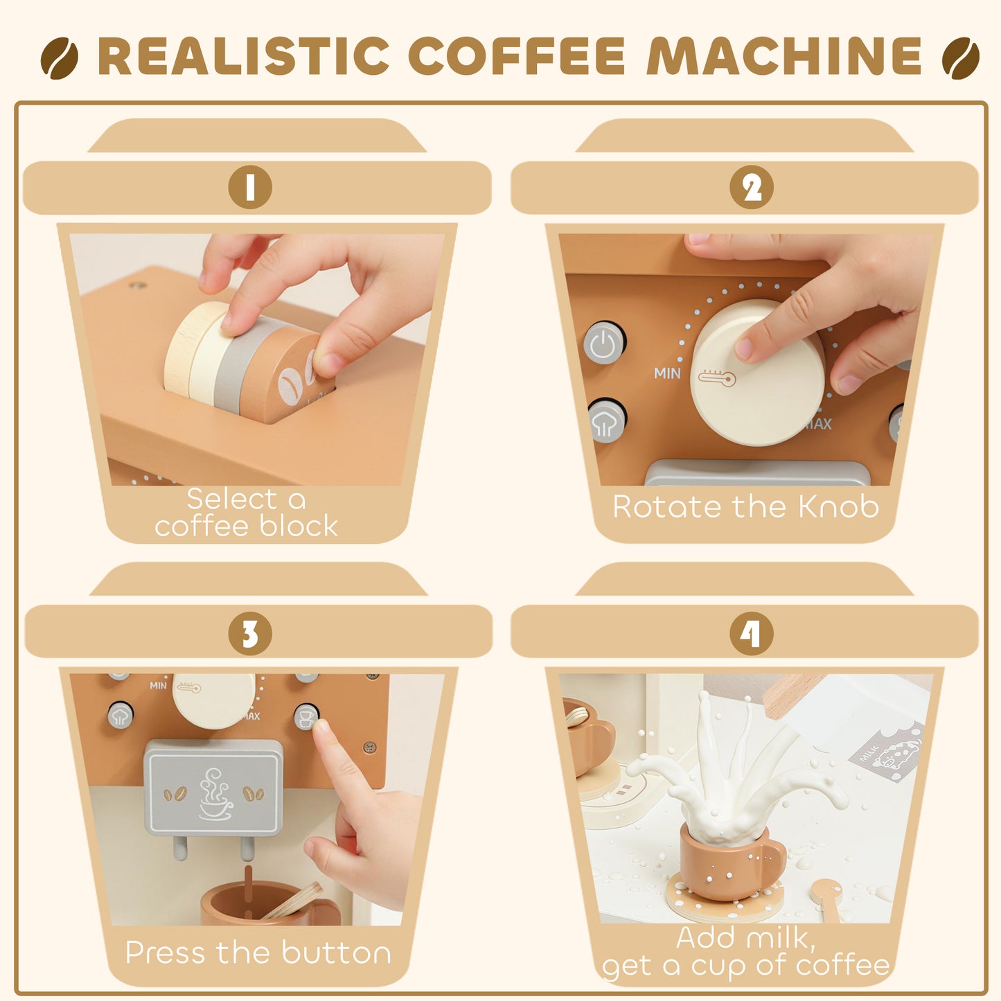 Kids Wooden Coffee Machine Toy, Pretend Play Kitchen Accessories Gift for Boys and Girls Ages 3+