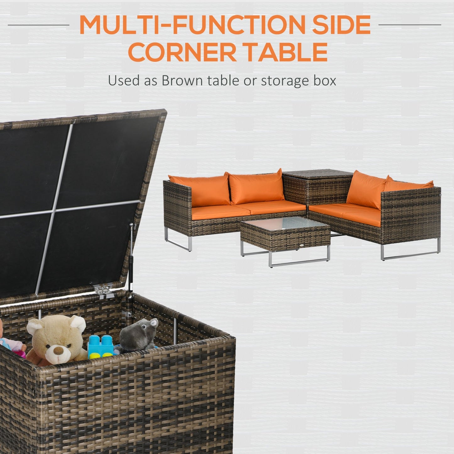 4 Piece Rattan Garden Furniture Set, Outdoor Corner Sofa Set with Storage Table, Loveseats, Cushions - Orange