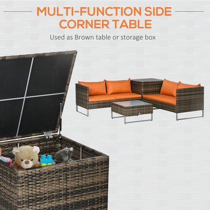 4 Piece Rattan Garden Furniture Set, Outdoor Corner Sofa Set with Storage Table, Loveseats, Cushions - Orange