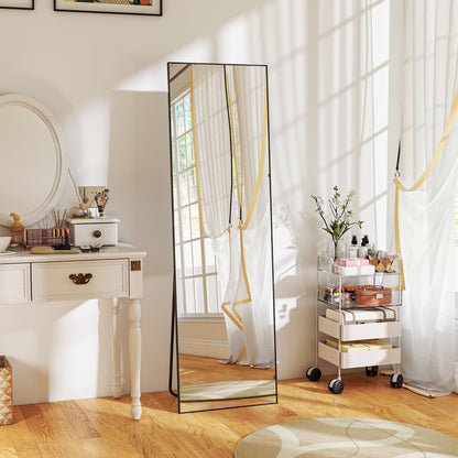 Full Length Mirror, Aluminium Alloy Framed Full Body Mirror with Tempered Glass, Standing or Wall Hanging, Black