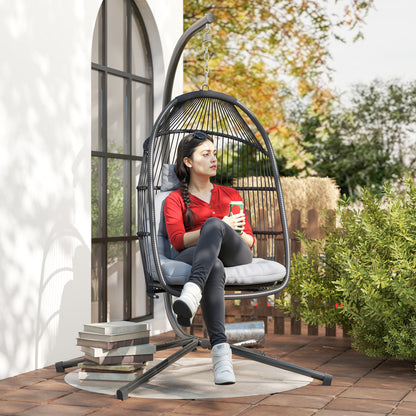 Rattan Hanging Egg Chair with Stand, Foldable Wicker Swing Egg Chair with Cushion, Head Pillow, Steel Frame