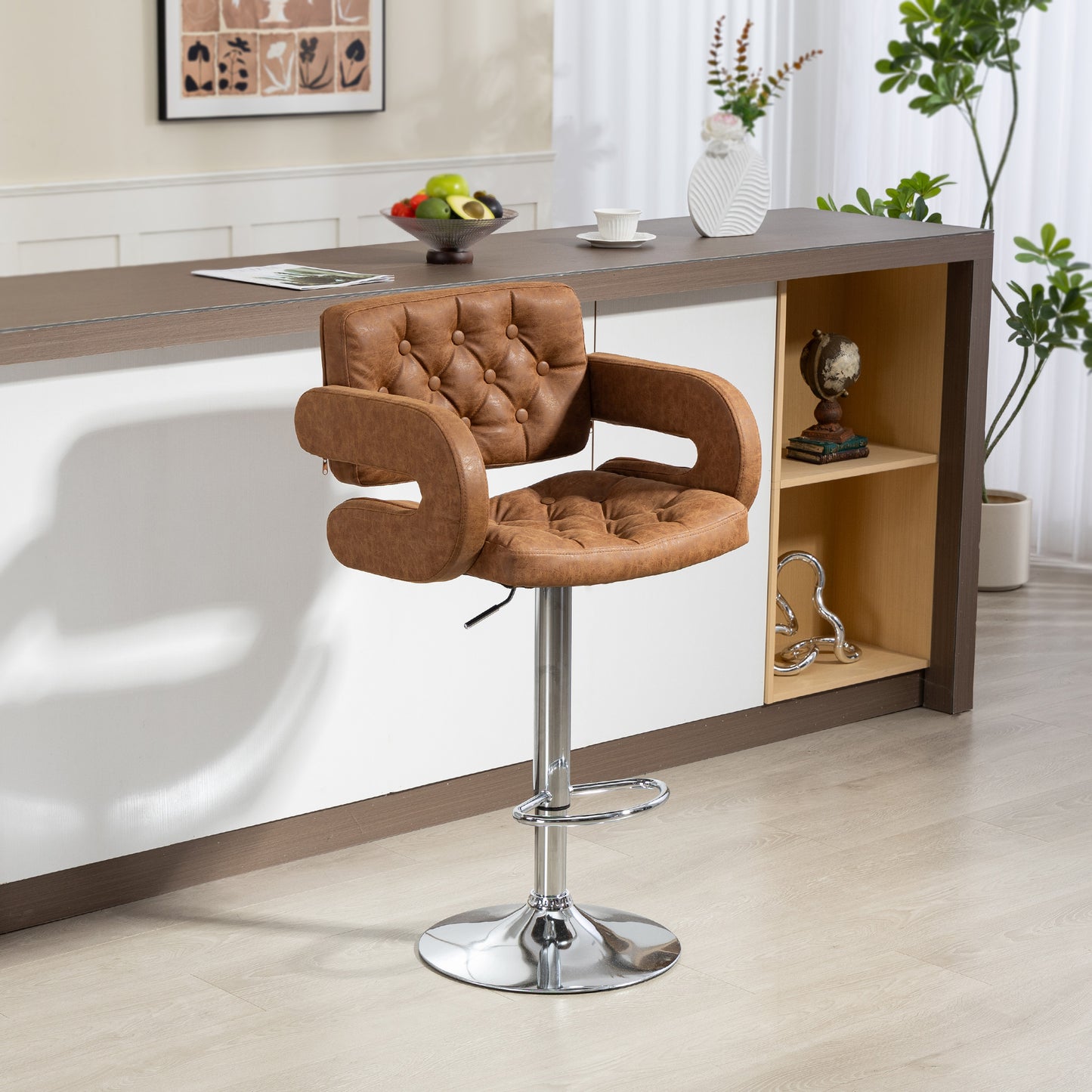 PU Leather Upholstered Swivel Bar Stool, Height Adjustable with Back, Armrest, Footrest, Brown