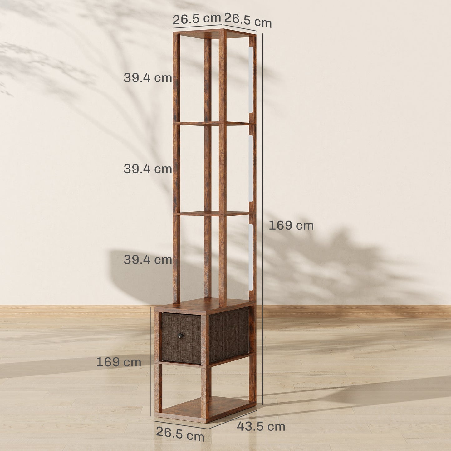 Floor Lamp with Shelves, LED Column Modern Standing Lamp with Fabric Drawer, Adjustable Brightness, Rustic Brown