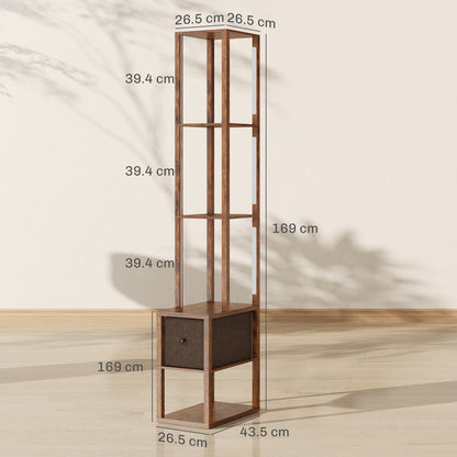 Floor Lamp with Shelves, LED Column Modern Standing Lamp with Fabric Drawer, Adjustable Brightness, Rustic Brown