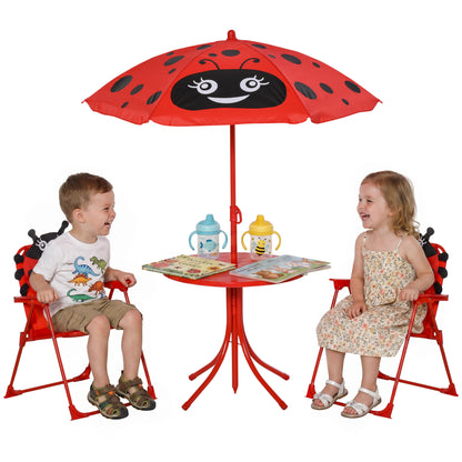 Kids Folding Picnic Table Chair Set w/ Parasol, Red