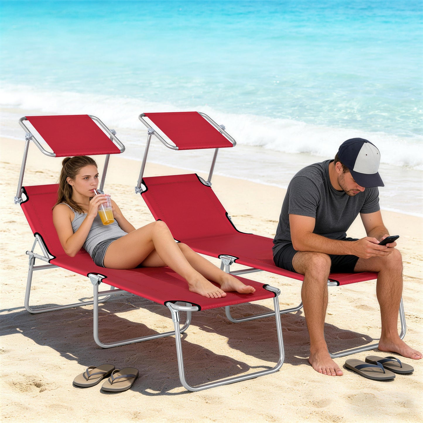 Outdoor Foldable Sun Lounger Set of 2, 4 Level Adjustable Backrest Reclining Sun Lounger Chair with Angle