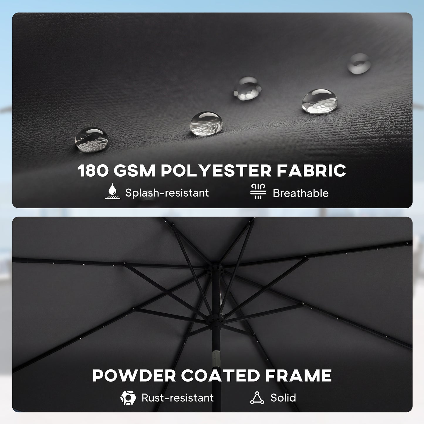 2.6 m Garden Parasol Umbrella with LED Solar Light, Parasol Cover, Outdoor Market Patio Umbrella, Black