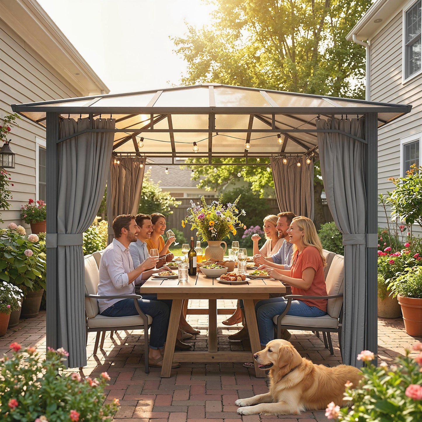 3 x 3 m Outdoor Hardtop Gazebo Canopy with PC Roof, Aluminium Permanent Pavilion Garden Gazebo with Curtains, Tan