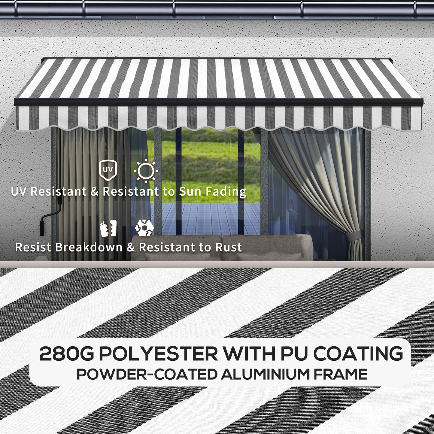 2.5 x 3.5m Aluminium Frame Electric Awning, with Remote - Grey/White