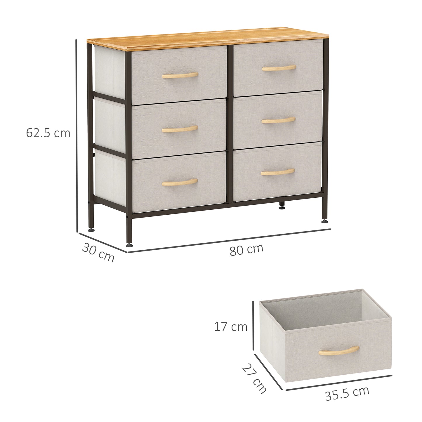 Fabric Chest of Drawers, Industrial Bedroom Dresser with 6 Fabric Drawers, Steel Frame and Wooden Top for Nursery