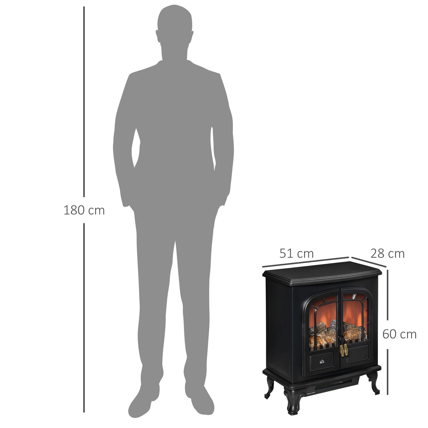 Electric Fireplace Stove Heater with LED Fire Flame Effect, Double Door, Freestanding & Portable with Overheat Protection