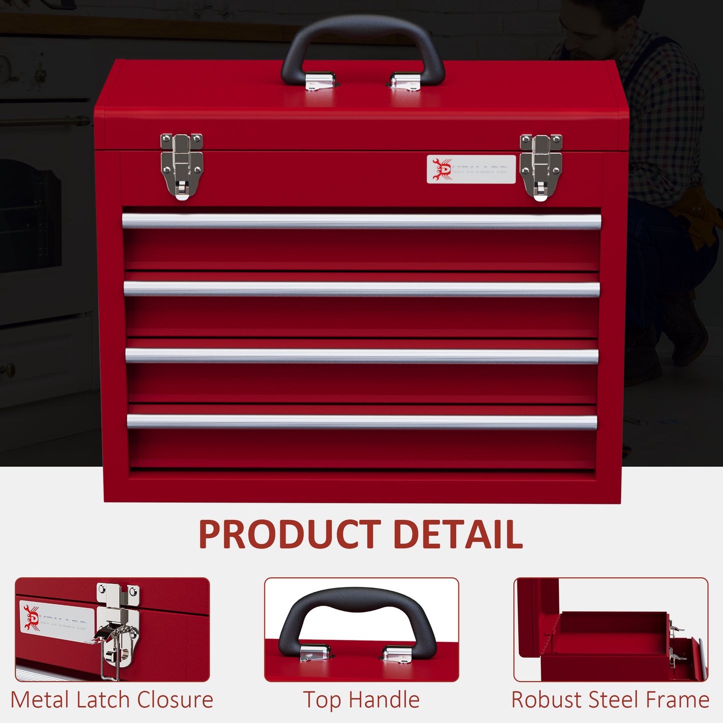 Lockable Metal Tool Box, 4 Drawer Tool Chest with Latches, Handle, Ball Bearing Runners, Red