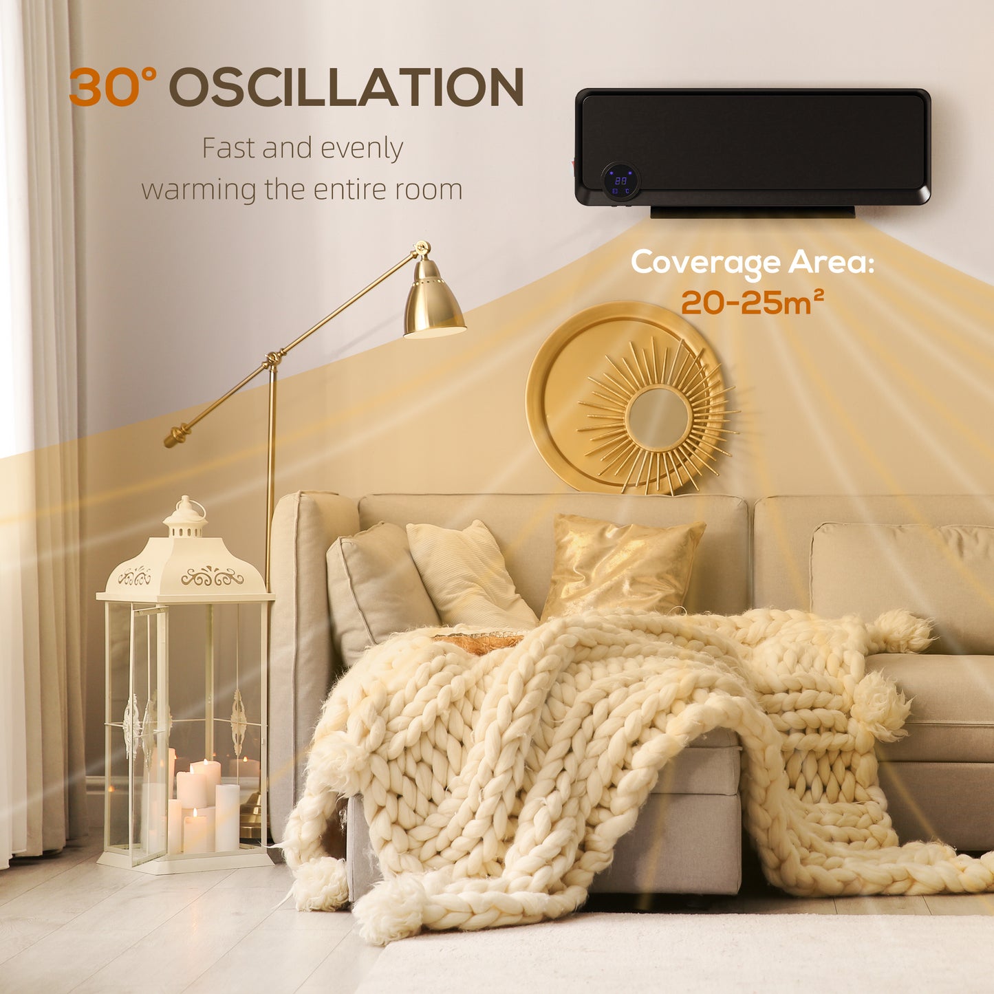 Wall Downflow Heater 2 Heat and Fan 1000W/2000W, Electric Space Heater with Timer Remote Oscillating