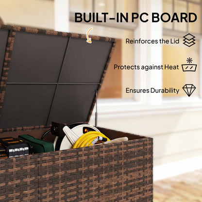 650L Garden Storage Box with 2 Wheels, Rattan Deck Box with Waterproof Zipped Liner, Safe Pneumatic Rods, Mixed Brown