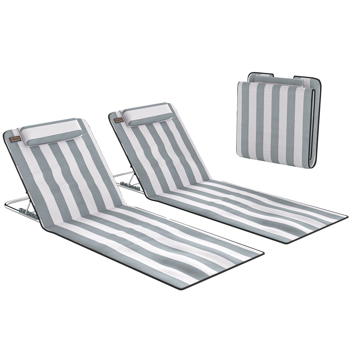 Set of 2 Foldable Garden Beach Chair Mat Lightweight Outdoor Sun Lounger Seats Adjustable Back Metal Frame PE Fabric Head Pil