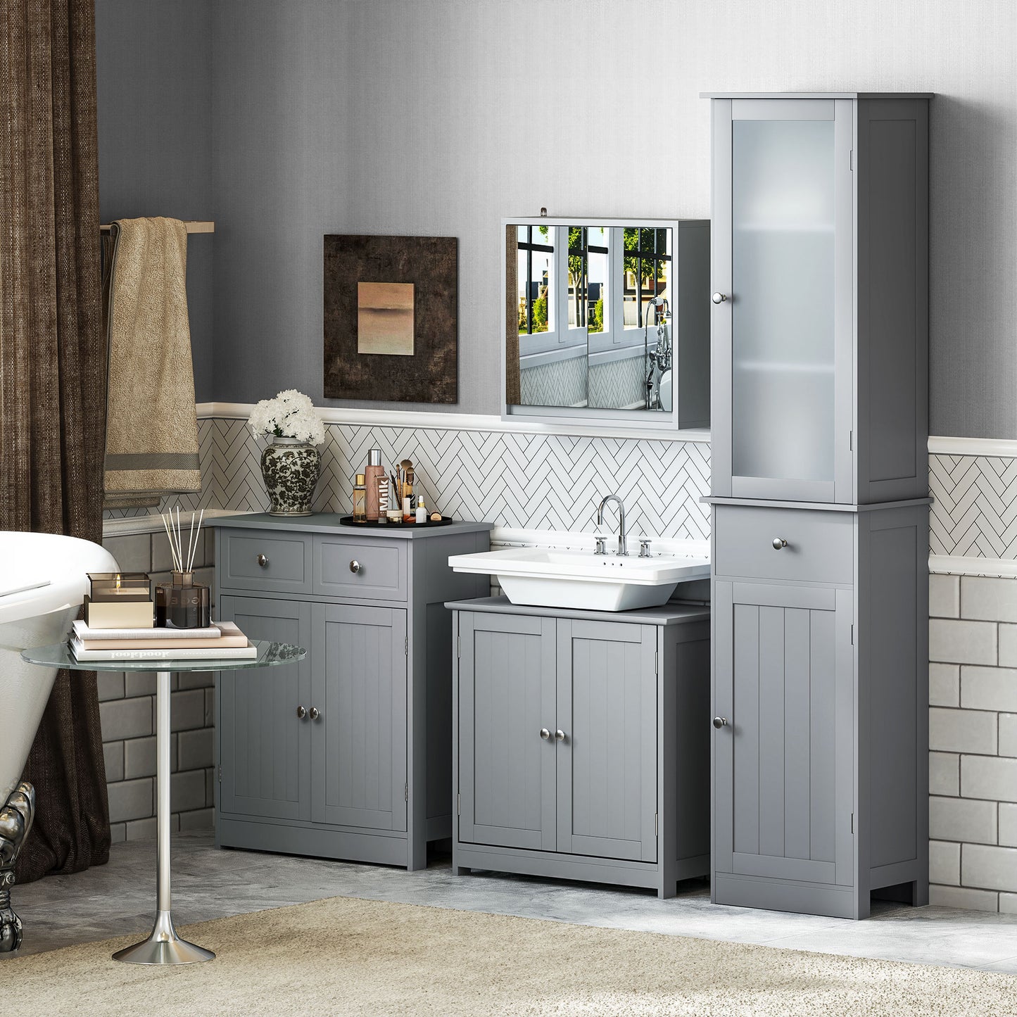 75x60cm Freestanding Bathroom Storage Cabinet Unit w/ 2 Drawers Cupboard Adjustable Shelf Metal Handles Traditional Style Gre