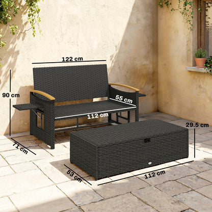 Double Garden Rattan Daybed, Wicker Sun Bed Chaise Lounger with Storage Ottoman, 4-Level Adjustable Backrest, Brown