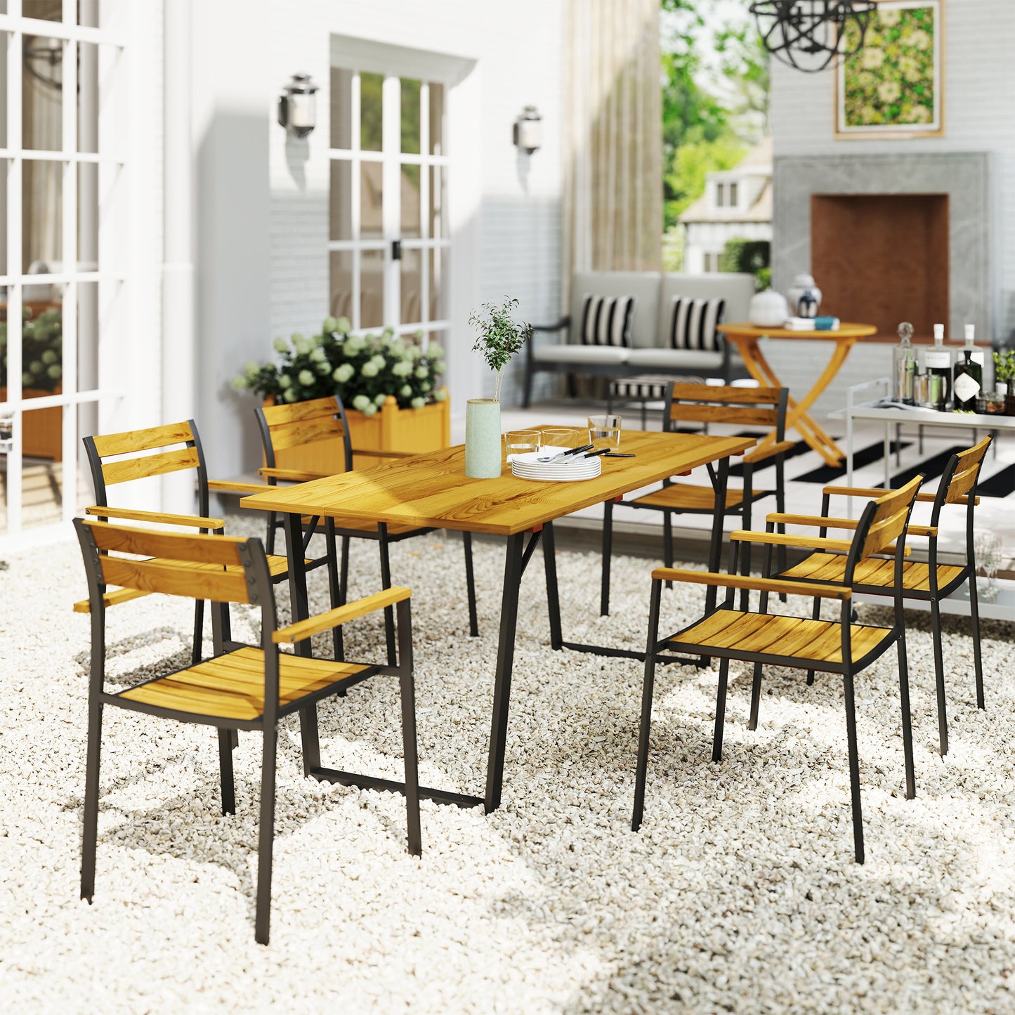 Seven-Piece Wood Panel Patio Dining Set with ⌀5 cm parasol hole - Brown/Black