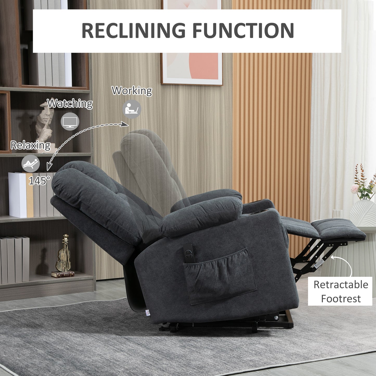 Electric Riser Recliner Armchair， Oversized Chair with Cup Holder & Side Pockets for Elderly in Living Room, Charcoal Grey