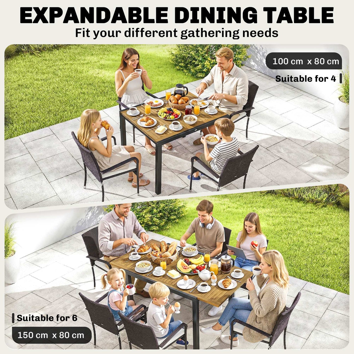 7 Piece Rattan Garden Furniture Set, 6 Seater Garden Table and 6 Stackable Chairs with Extendable Acacia Wood Tabletop