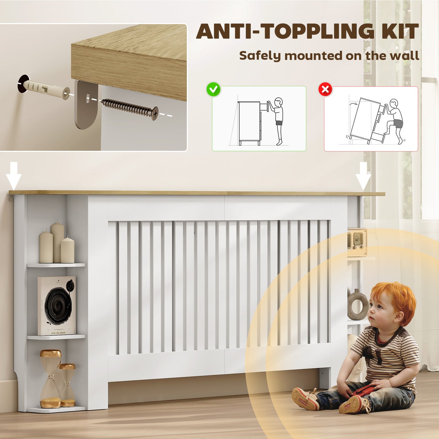 Radiator Cover with Open Storage Shelves, Vertical Slatted Cabinet Shelf Heater Cover for Living Room, Hallway, Extra Large