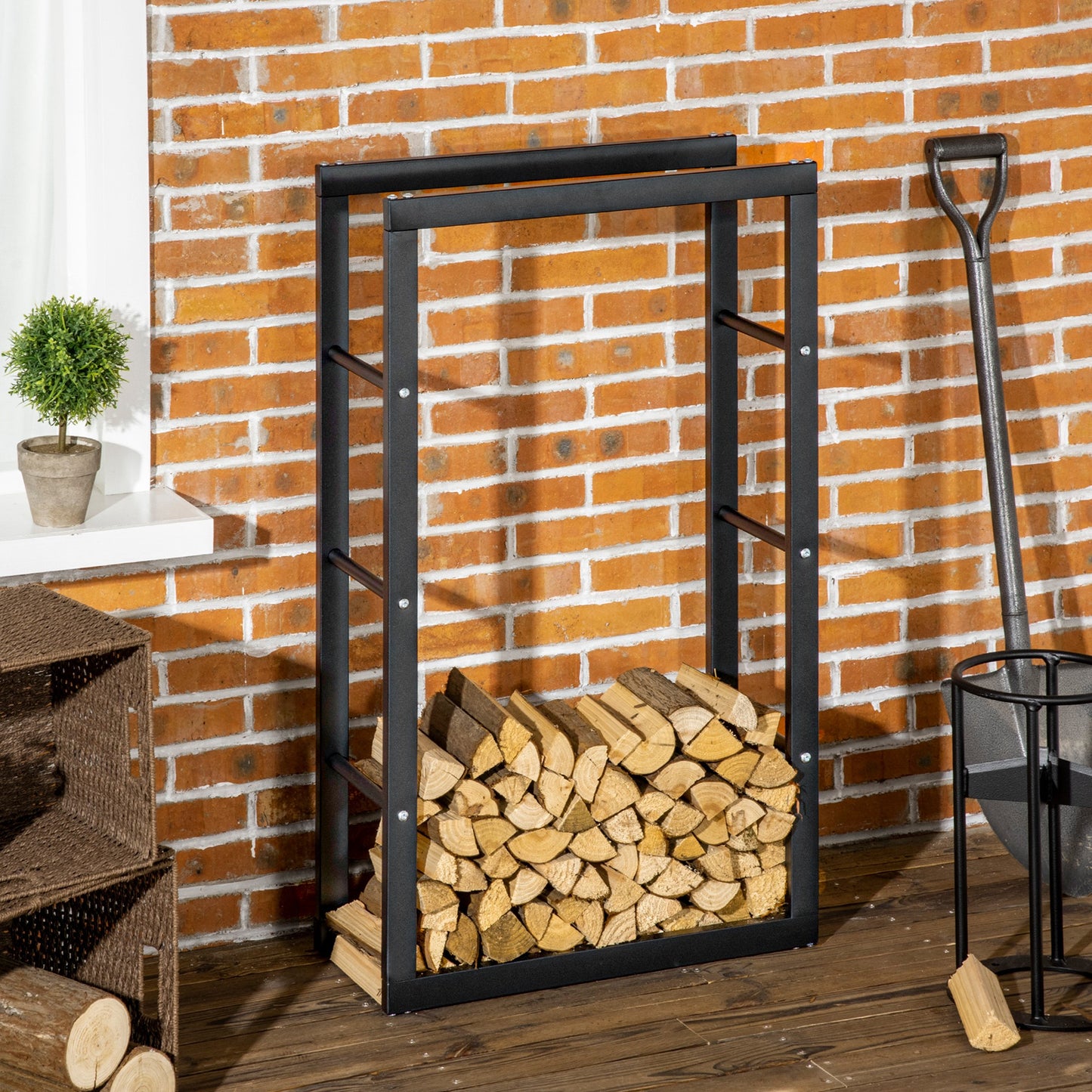 Metal Firewood Log Holder Tall Firewood Rack Indoor Outdoor Fireplace Wood Storage Shelf with Side Rails, Rust-Resistant