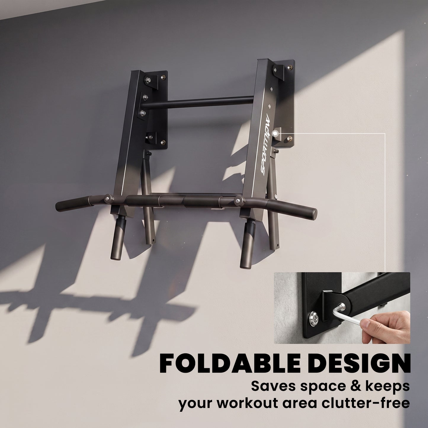 Pull Up Bar Wall Mounted Chin Up Bar with Folding Design, 3 Hooks for Resistance Bands, Supports up to 120 kg, Black