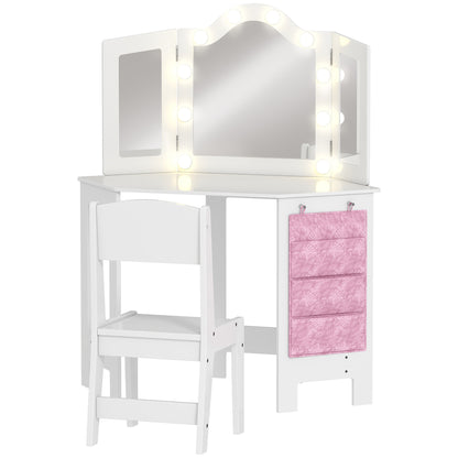 Kids Dressing Table and Stool Set, Girls Vanity Table with 2-Colour LED Lights, Tri-Folding Mirror, White