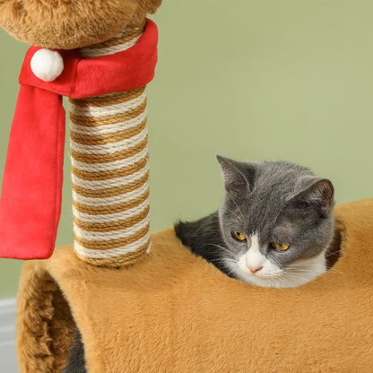 98cm Deer-Designed Cat Tree with Scratching Posts, Toy Ball, Tunnel, Brown