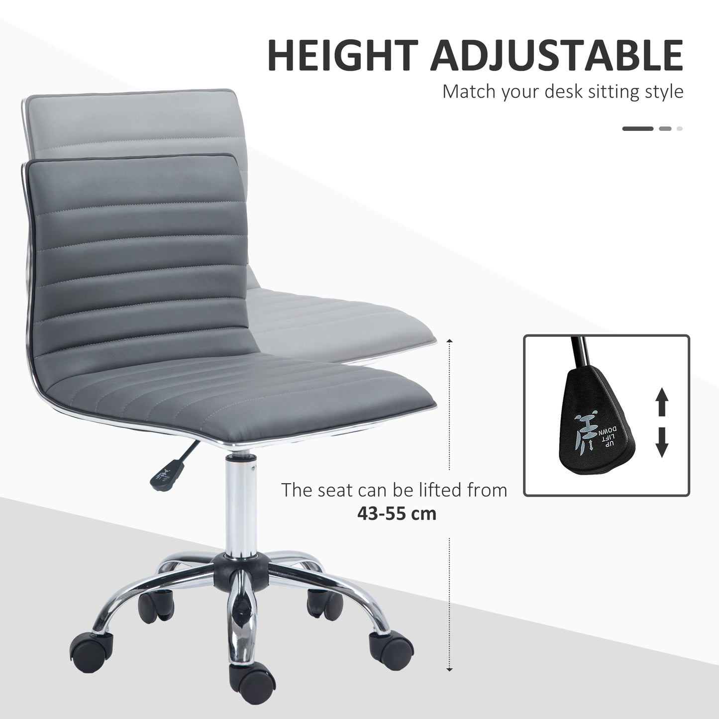 Armless Task Desk Chair, Swivel Office Chair with Faux Leather, Adjustable Seat Height, Chrome Base, Wheels for Home