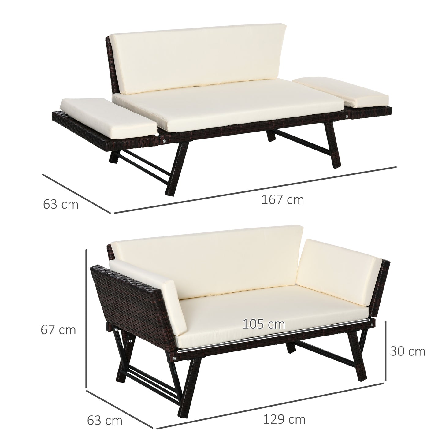 2-Seater 2-in-1 Rattan Convertible Sofa Daybed, Brown