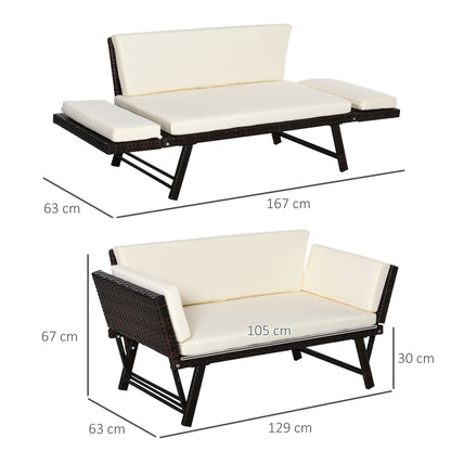 2-Seater 2-in-1 Rattan Convertible Sofa Daybed, Brown