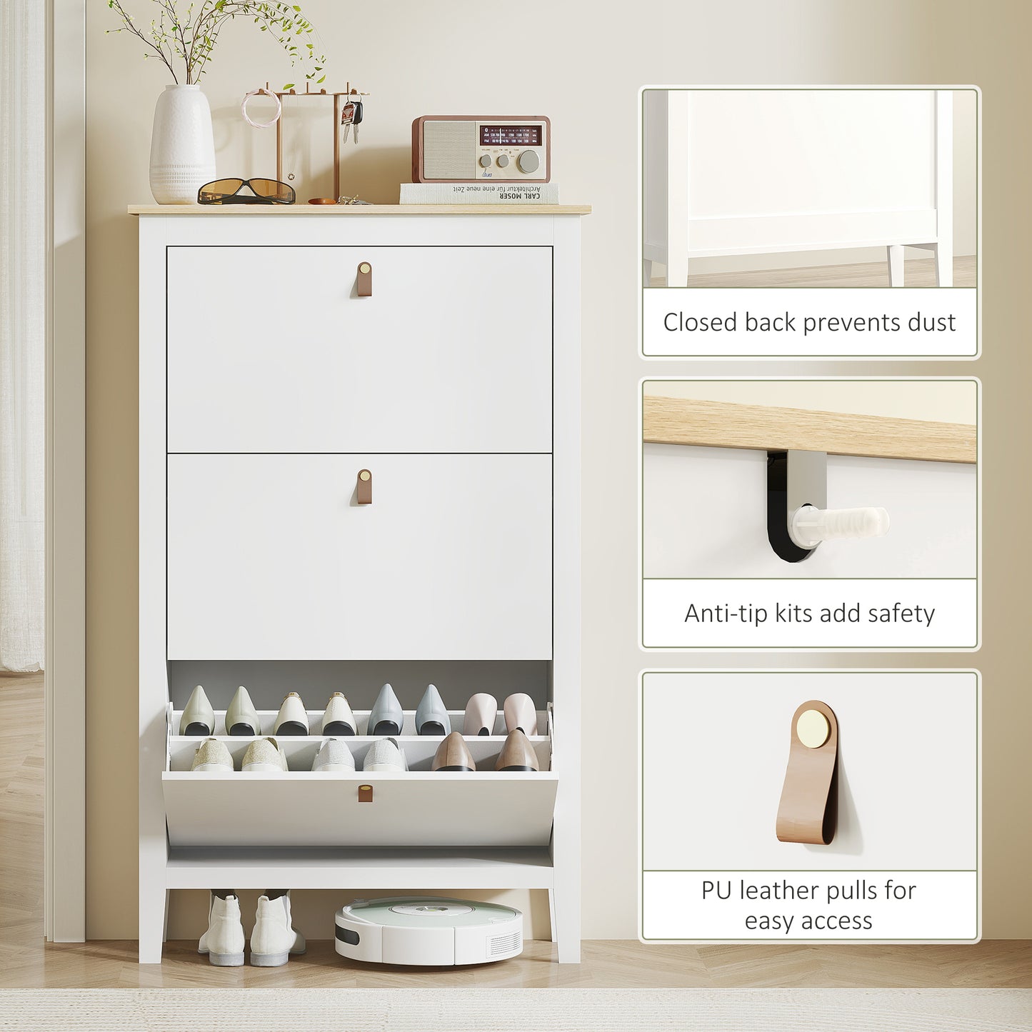 Modern Three-Drawer Shoe Cabinet - White