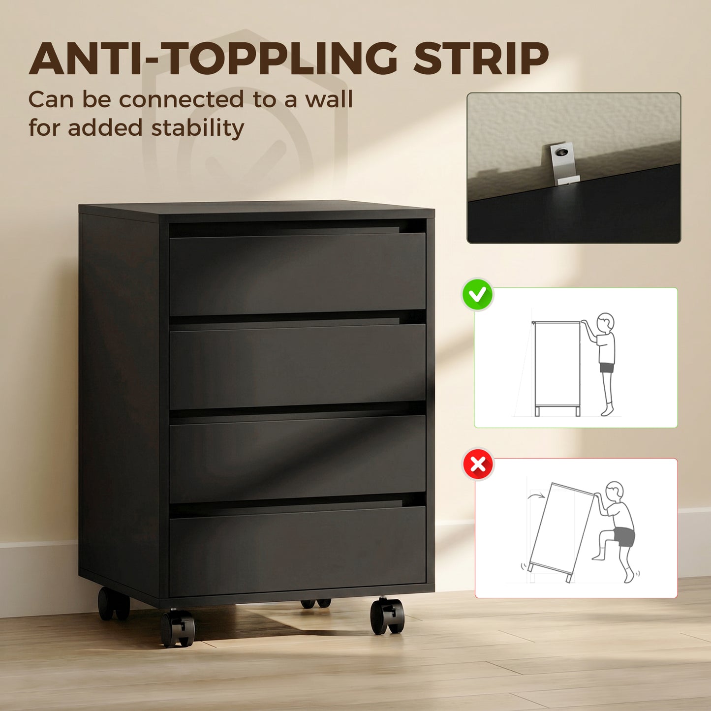 Four-Drawer Office Filing Cabinet, with Wheels - Black