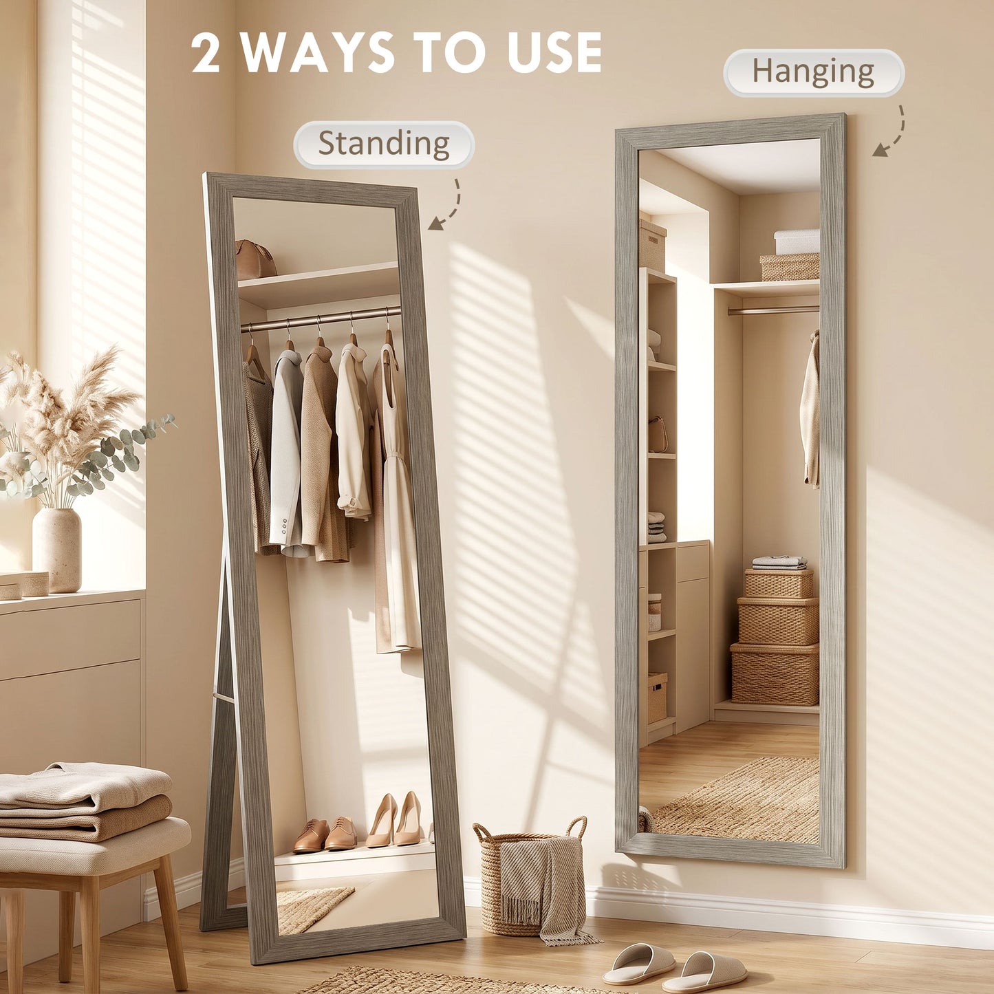 Full Length Mirror, 37 x 157 cm, Hanging or Freestanding, Rectangular Full Body Mirror for Living Room, Bedroom, Grey