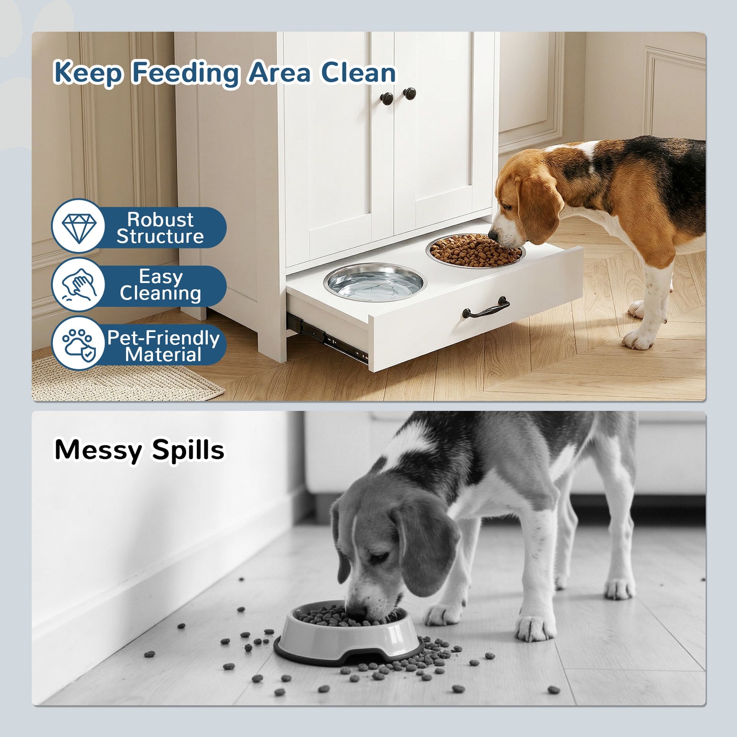 Pet Feeding Station with Raised Dog Bowls, Adjustable Panel, Hooks, White