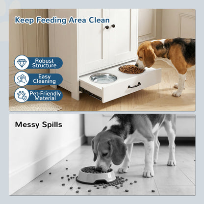 Pet Feeding Station with Raised Dog Bowls, Adjustable Panel, Hooks, White