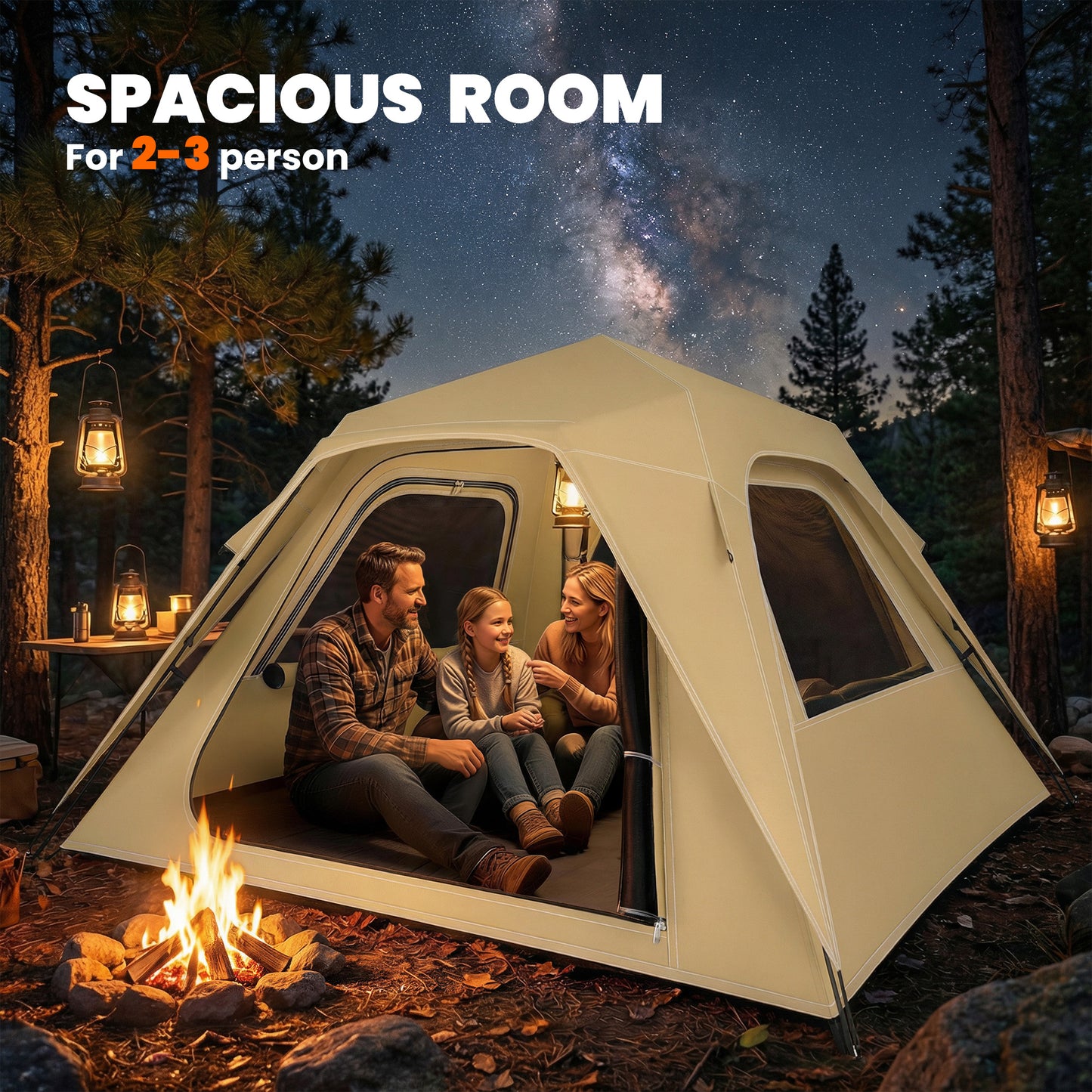 Pop Up Tent 3000mm Waterproof Camping Tents with Mesh Windows 2-3 People Khaki
