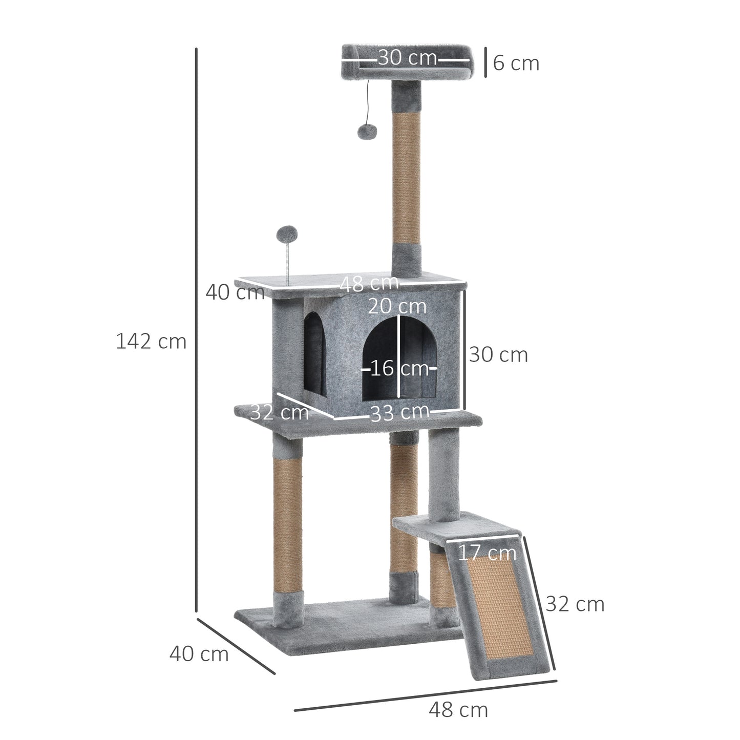 Cat Tree Tower 142cm Climbing Kitten Activity Center with Jute Scratching Post Board, Removable Felt Hanging Toy, Grey