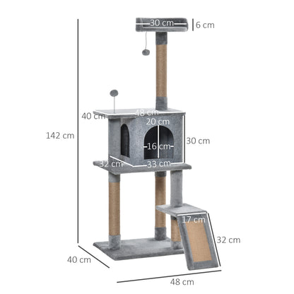 Cat Tree Tower 142cm Climbing Kitten Activity Center with Jute Scratching Post Board, Removable Felt Hanging Toy, Grey