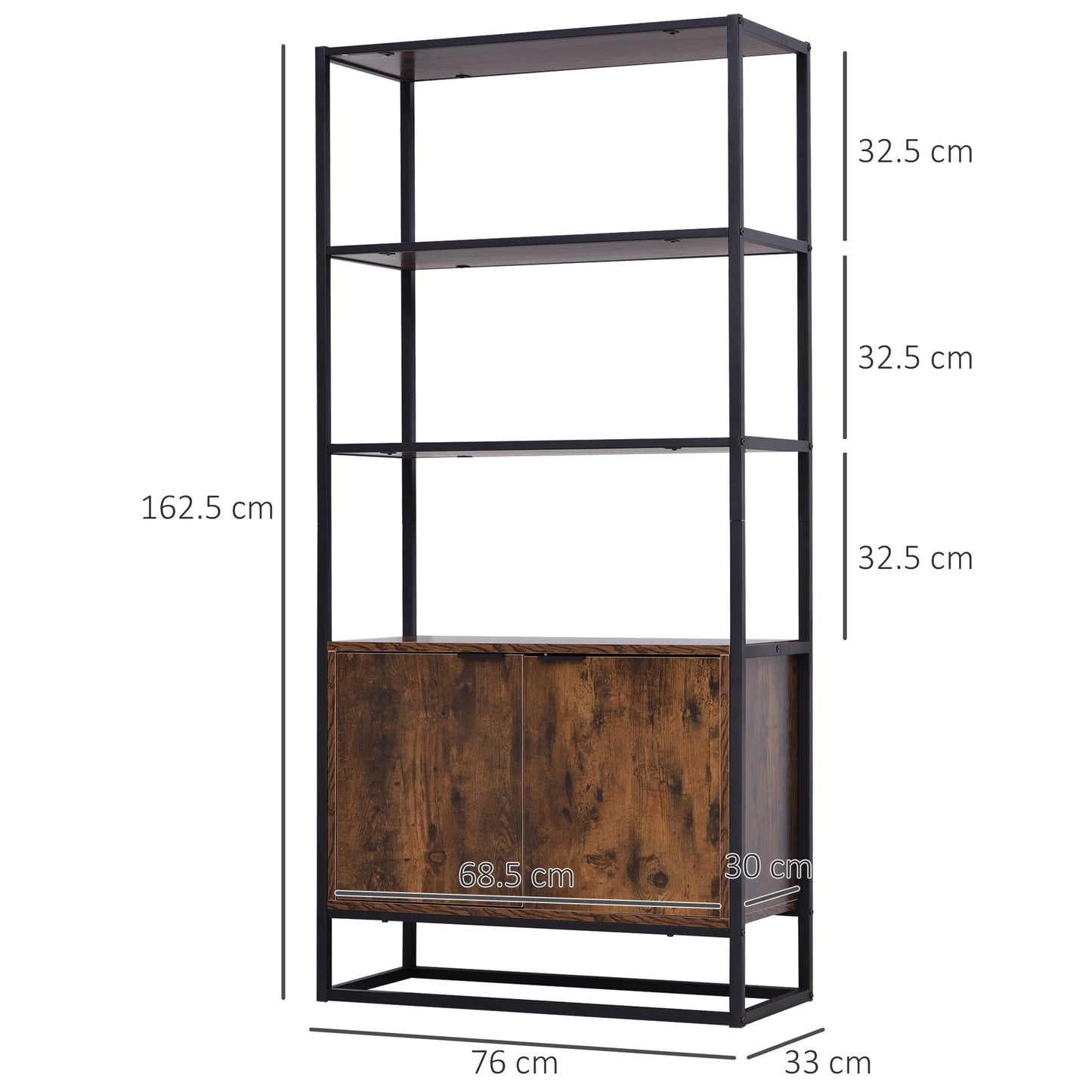 Industrial Bookshelf, Storage Shelf, Large Bookcase with 3 Open Shelves, Multifunctional Rack for Living Room, Office