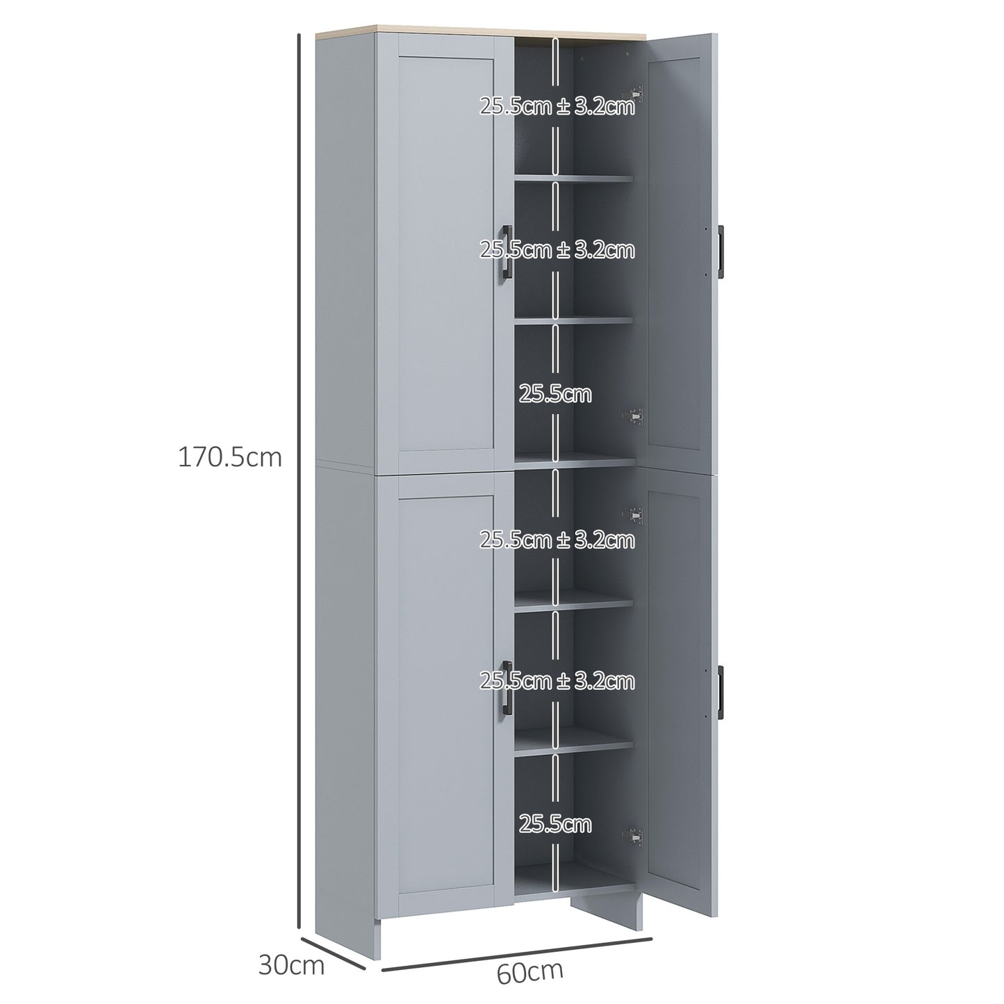 Freestanding Kitchen Cupboard, 4-Door Storage Cabinet with Adjustable Shelves, Modern Kitchen Pantry for Dining Room, 170cm