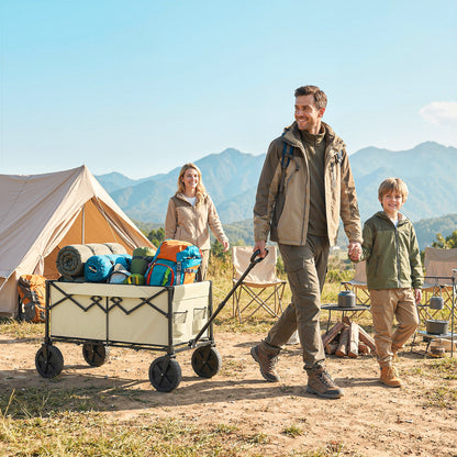 95L Foldable Festival Trolley on Wheels, Collapsible Wagon Cart with Adjustable Handle and 2 Cup Holders, Khaki
