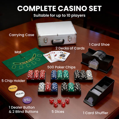 500-Piece Poker Chips Set with Card Shuffler, Card Shoe, Case, Casino Texas Holdem Poker Set with Mat, Silver Tone